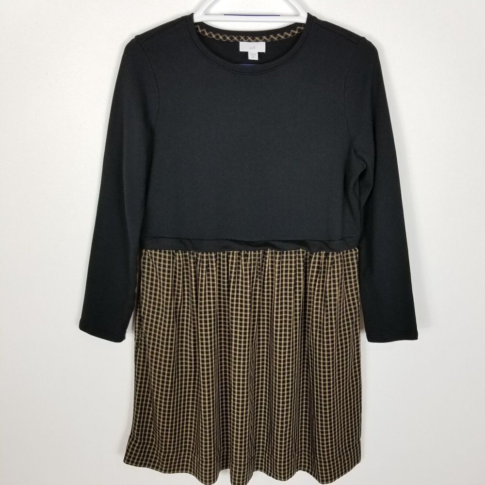 J.Jill Women Contrast Mini‎ Dress Size M Petite Black Brown Long Sleeve